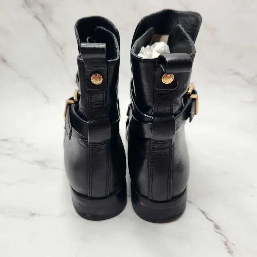 Michael Kors Arley Black Leather Ankle Boots Riding Booties Gold Hardwear 7.5